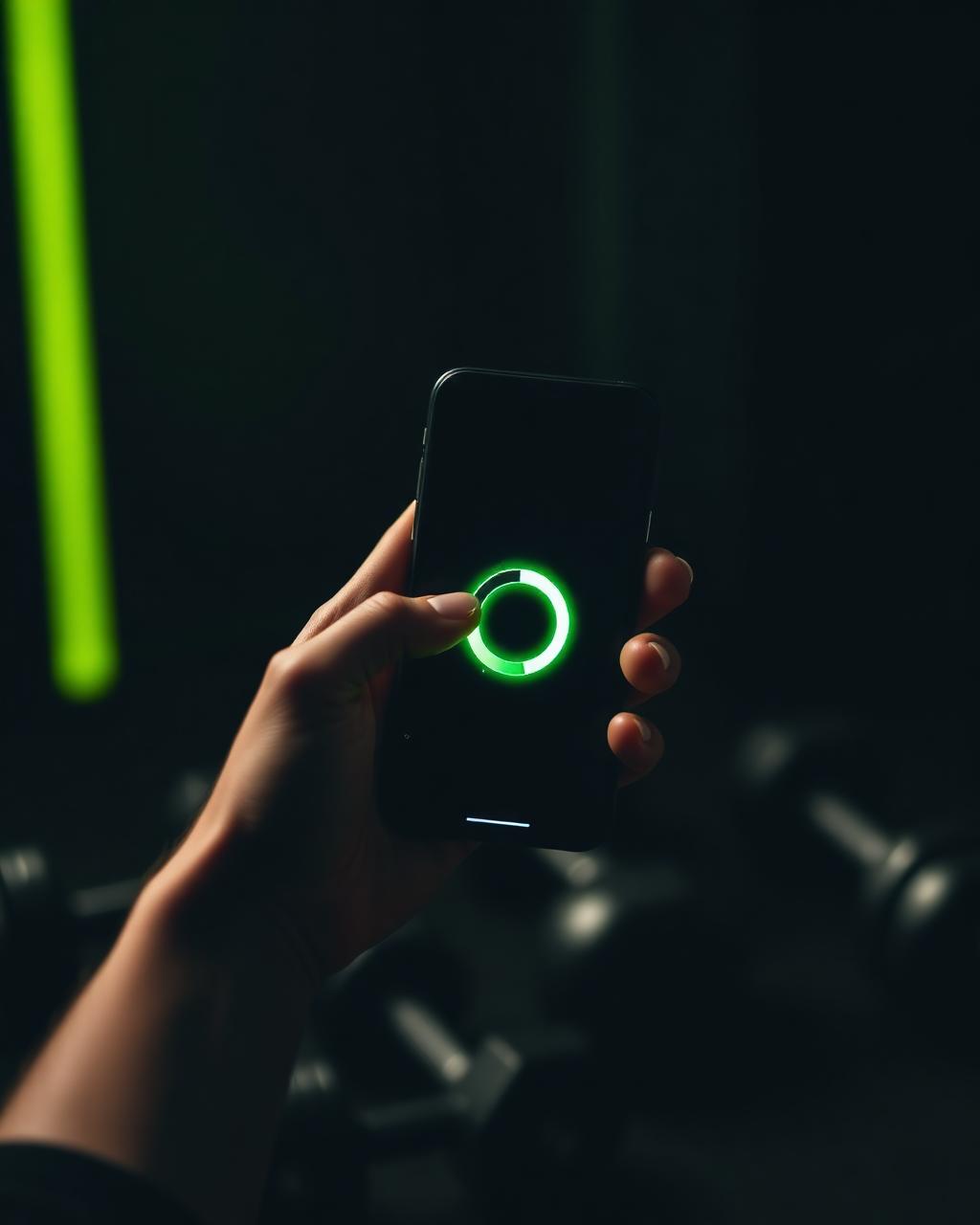 Athlete holding a phone showing a glowing calorie ring in a dark gym